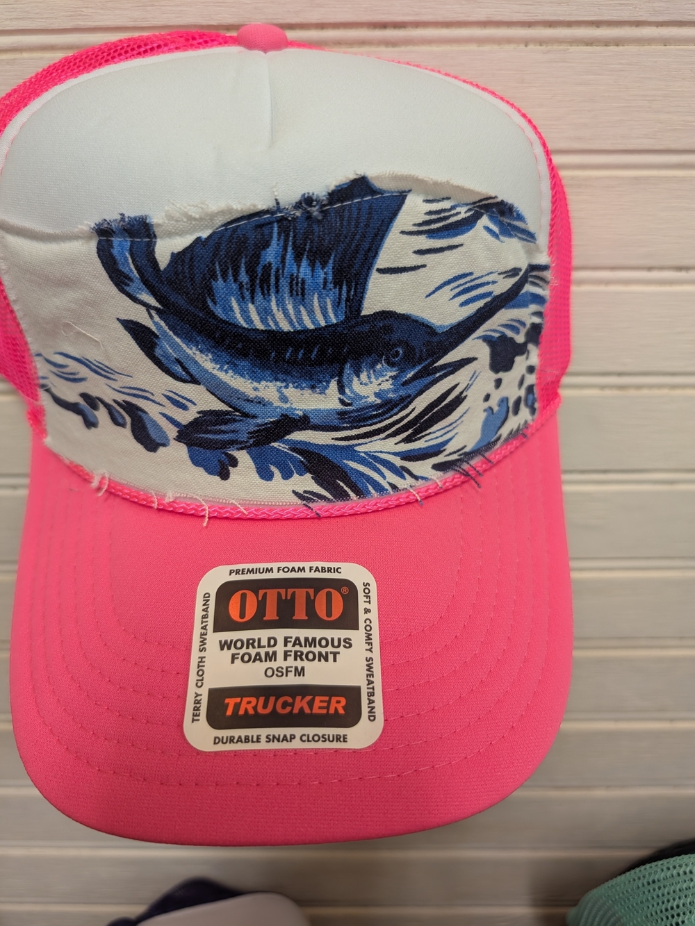 Neon Pink Trucker Hat with Blue Marlin